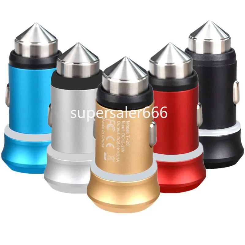 Mini 5V 3.1A Dual Usb Ports Hammer Safety Metal Alloy Led Car Charger chargers For iphone 12 13 14 15 samsung s22 s23 huawei xiaomi s1
