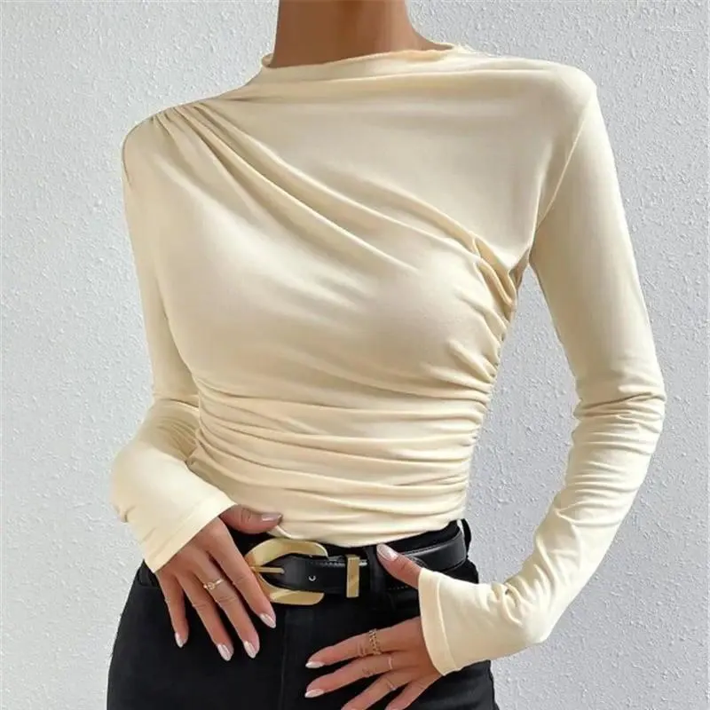 Camisetas femininas outono manga longa bainha t shirt mulheres moda casual magro dobras solidas tops camisa senhoras camisetas elegantes