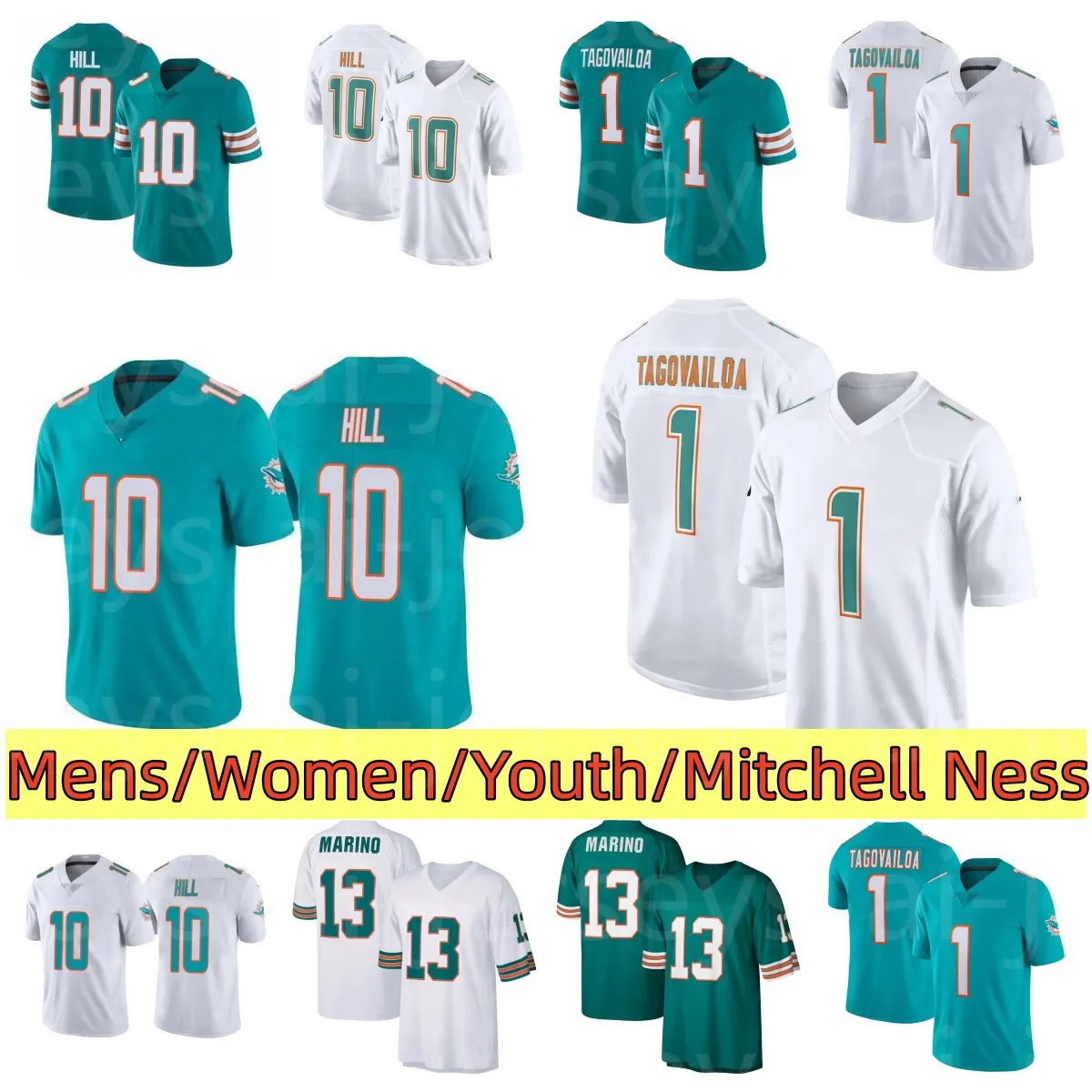 축구 유니폼 10 Tyreek Hill 1 Tua Tagovailoa 13 Dan Marino 1984 Mitchell Nell Mens 여성 청소년 흰색 녹색 크기 S M L XL XXL XXXL 스티치