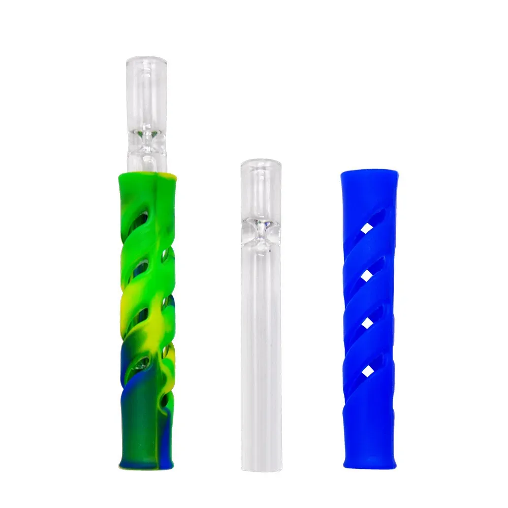 Smoking Herb Pipe Tobacco Glass & FDA Silicone One Hitter Pipes Hose 90MM Cigarette Holder Dugout Tobacco Herb Pipes Fast Shipping Wholesale