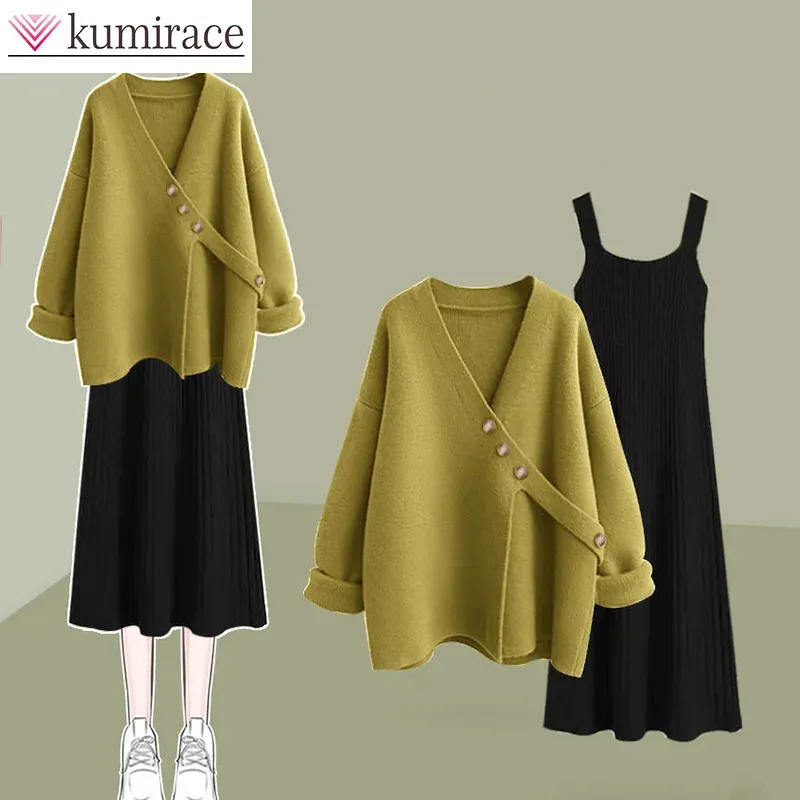 Dwuczęściowe spodnie damskie Zestaw Koreański Koreański jesienny sweter wszechstronny pasek wszechstronna sukienka damska dwuczęściowa zimowa set Setdress Sets 231219