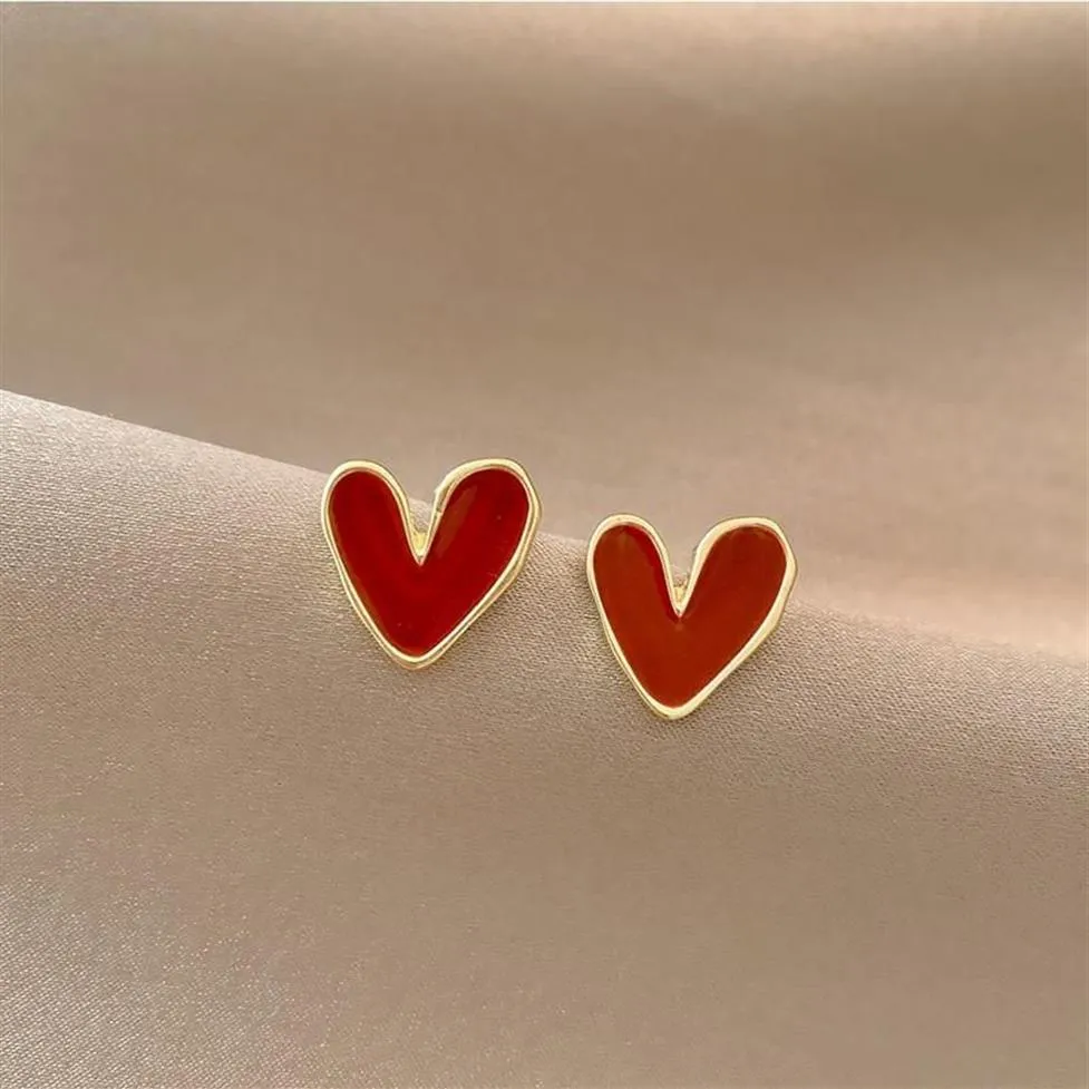 Stud Lovelink Sweet Red Emamel Heart Earrings Delicate Gold Color Trendy For Women Girls Party Jewelry Gift199g