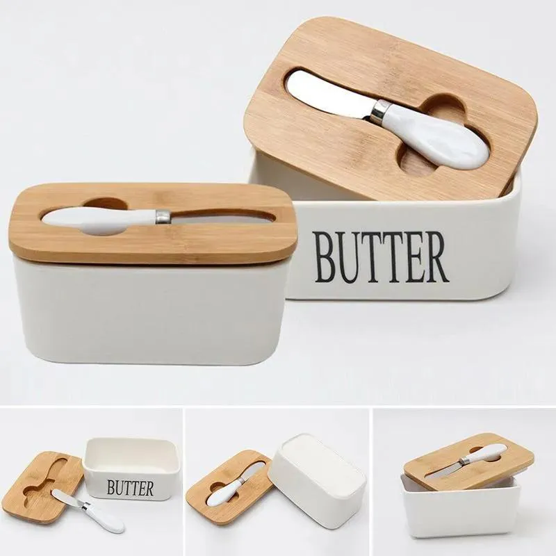 Containers Butter Box Nordic Ceramic Container Storage Tray Dish Cheese Food Tool Kitchen Keeper Wood Cover Sealing Plate+ Knife