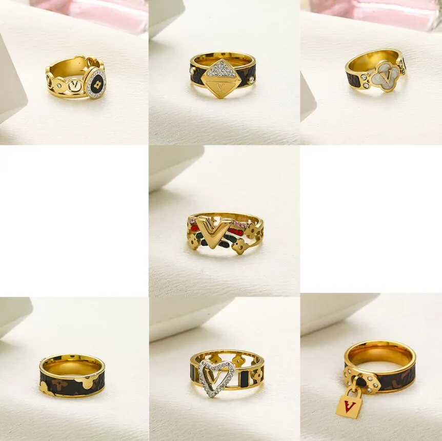 Designer-Marke V-Buchstabe-Bandringe für Damen, 18 Karat vergoldet, Kristall, Edelstahl, Liebe, Hochzeit, Schmuckzubehör, Ring, feine Schnitzerei, Fingerring