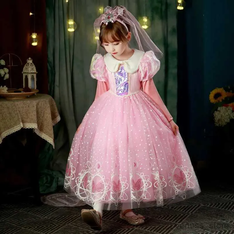 Abiti da ragazza Capelli lunghi abiti da principessa estate e rosa autunno Girl compleanno Sofia Ruolo giocando in velluto formale principessa abito lungo 2-10 anni