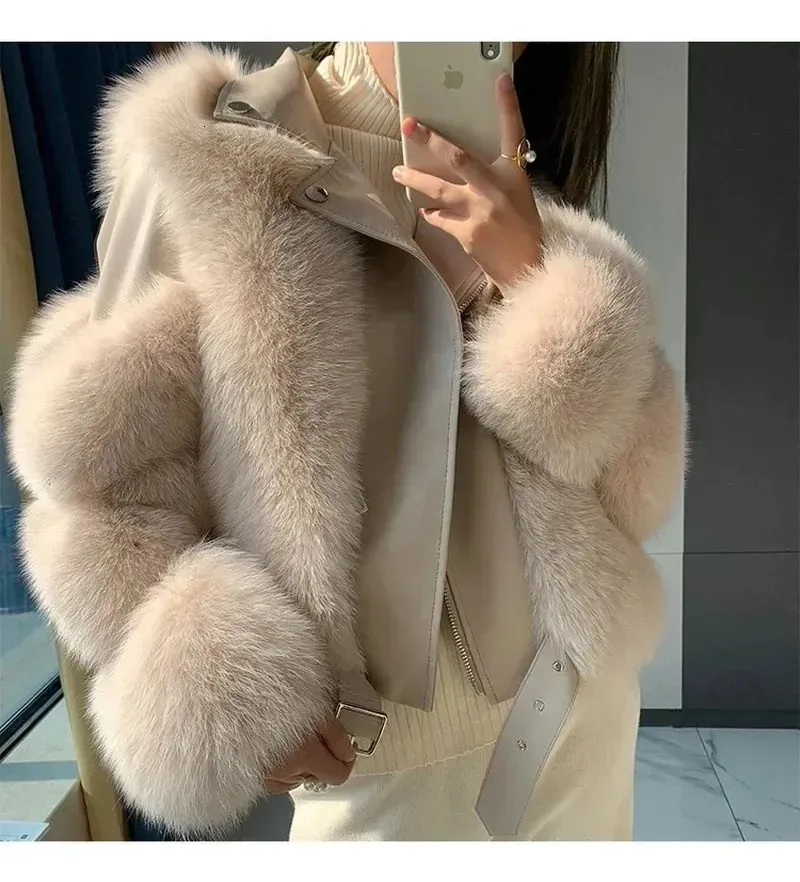 Vinterpäls faux päls kvinnor överrock beskurna och läder lapptäcksjacka kort hög kvalitet falsk kappa utkläder 231220