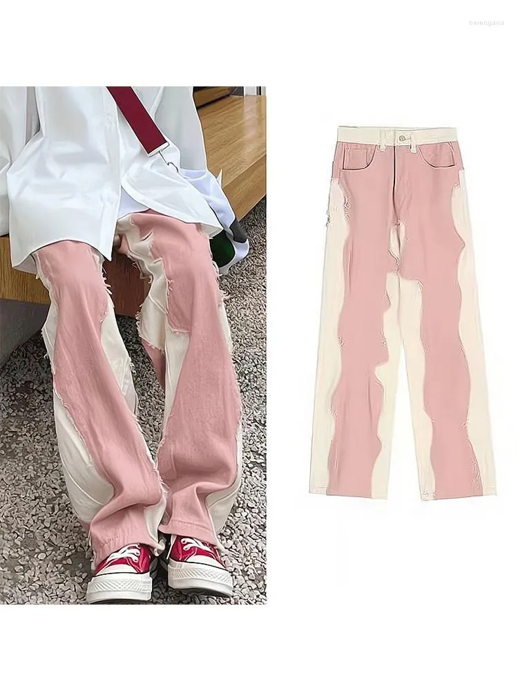 Jeans pour femmes Vintage Patchwork rose Baggy Harajuku Y2k taille haute Denim pantalon Jean pantalon 2000s 90s esthétique Trash vêtements