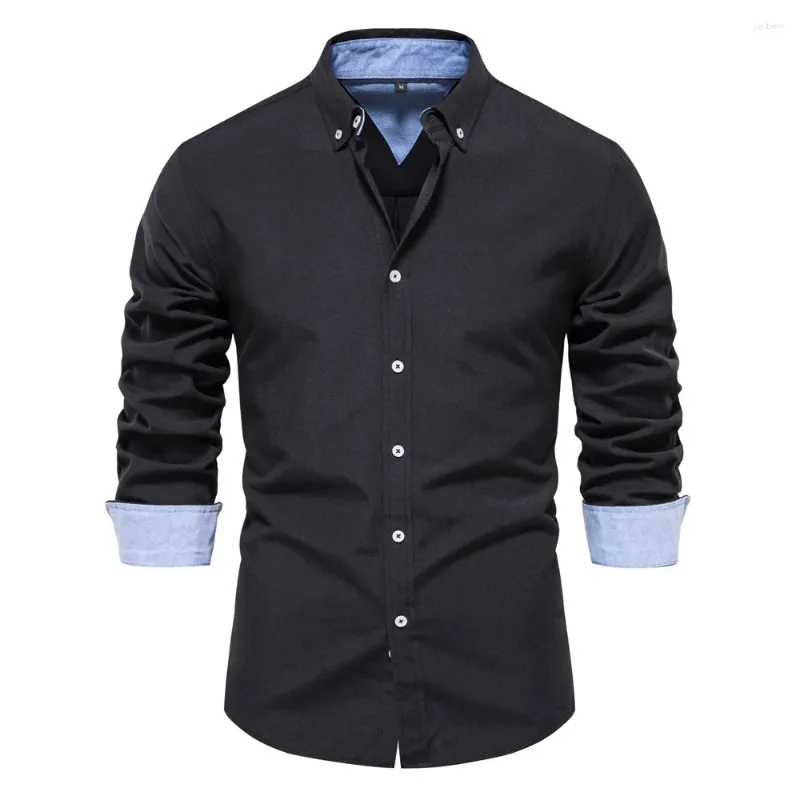 Camisas casuais masculinas outono algodão oxford camisa homens manga longa botão para baixo cor sólida qualidade de negócio social preto para 2023