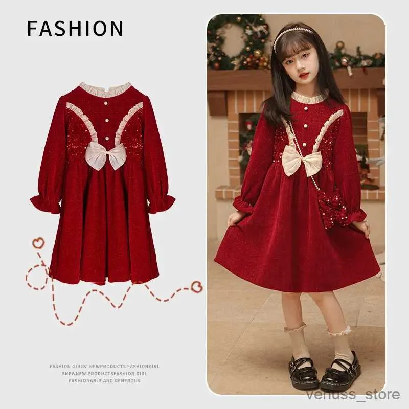 Vestidos de menina vestidos de menina manga longa festa infantil vestidos de princesa com saco grosso quente inverno crianças vestidos de natal vinho vermelho 4-14y