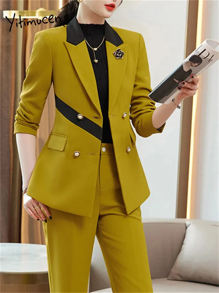 Yitimuceng Amarillo Contraste Color Mujeres Suits Office Office Offics Selim manga larga Blazers de doble pecho pantalones casuales 231220