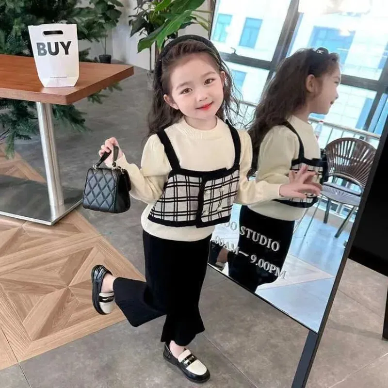 Clothing Sets Girls Winter Clothes Set Knitted Sweater and Pants Clothing Autumn Fashion Fake Two Sweater Outfits Set for Kids Girl's Clothes 231219