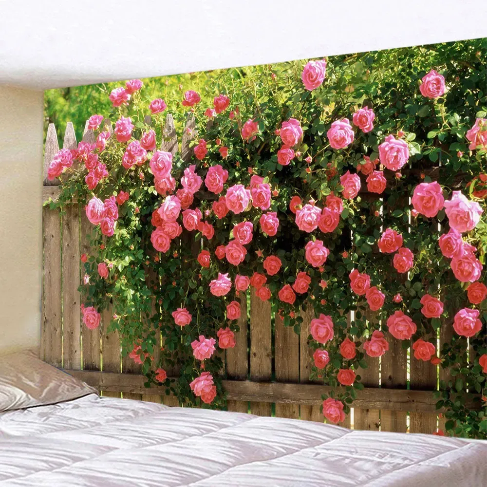 Tapisseries Tapestry Aesthetics Spring Flower Fence Pink Rose Plant Wall Garden Window Natural Scenery Home Decoration 231219