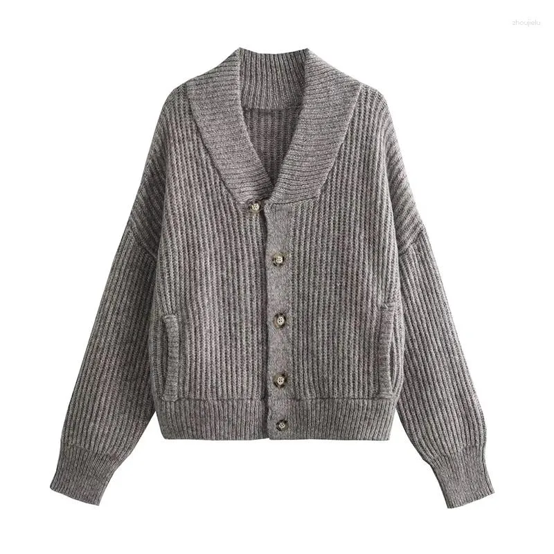 Giacche da donna YENKYE Cappotto bomber in maglia vintage da donna oversize a maniche lunghe con scollo a V grigio