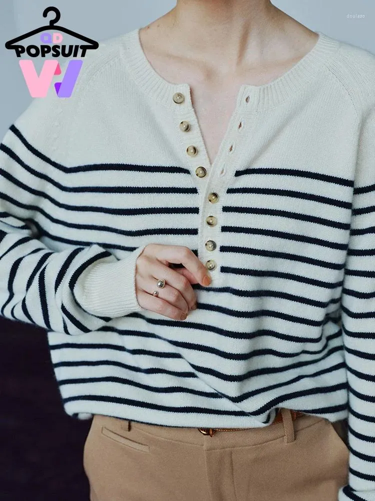 Kvinnors tröjor i Autumn Winter Women Knit Pullover Vintage Elegance Stripe Sweater Fashion Casual Pending Long Sleeve Top Clothes