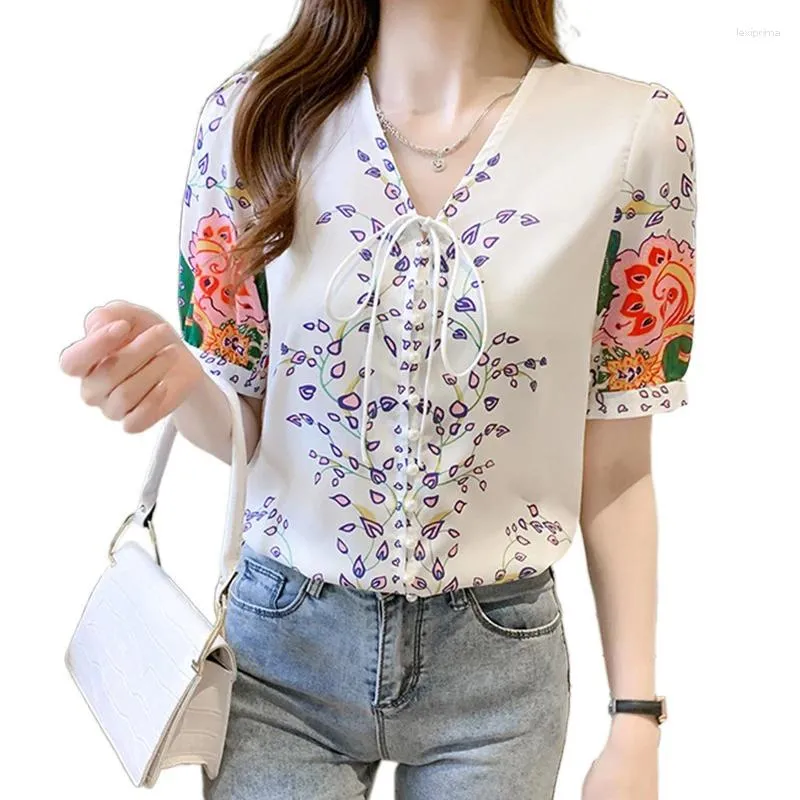 Frauen Blusen Plus Größe OL Büro Frauen Tops Und Bluse Vintage Kurzarm Chiffon Druck Blusas Mujer De Moda 2023 elegante Sommer