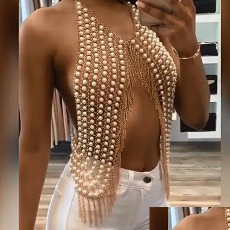 Nabel Klingelknopf Ringe Sexy Luxuriöse Imitation Perle Hohlkörper Schmuck Halskette BH Kette Perlen Bikini Metall Quaste Drop Delive Othng