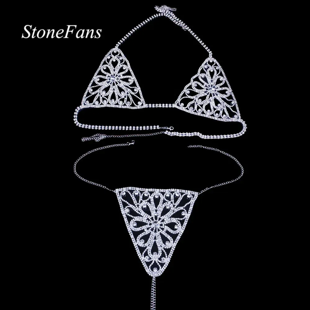 Ensemble Sexy Stonefans fleur cristal Lingerie chaîne pour femmes soutien-gorge culotte Valentine sous-vêtements bijoux 231219