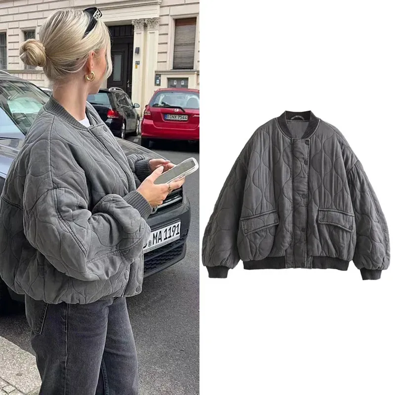 SLTNX TRAF Fashion Quilted Bomber Jackets for Women 2023 Winter Warm Coat Female Stand Collar with Pocket Loose Jacket Outerwear 231220