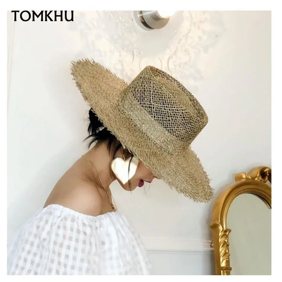 Women Fray Tkane trawę morską Hat Hat Casual Sun Beach Caps szerokie grzbiet letni kapelusz Unisex Straw Hats do podróży 220607263Z