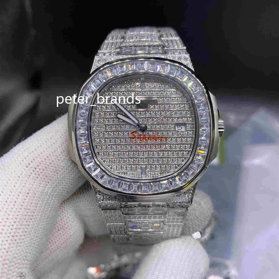 Top-Qualität Herren-Automatikuhren Iced Out Diamant-Uhr 40 mm Silber Edelstahl Baguettes Diamant Lünette Saphir Watch319G