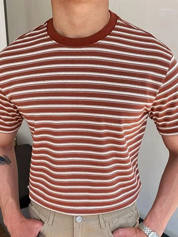 Men's T Shirts Trendy European And American-Style Large-Size Red Striped Short-Sleeve Sweater