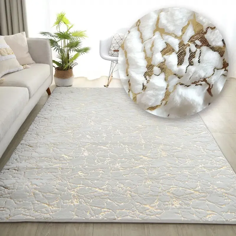 Carpets Faux Rabbit Fur Carpet For Living Room Side Table White Gold Marble Fluffy Rug Luxury Bathroom Mat Bedside Bedroom 231219