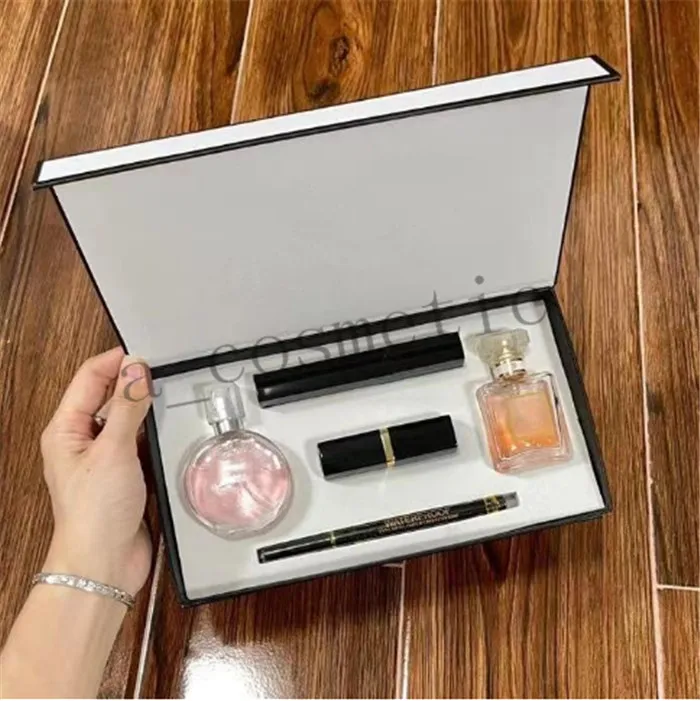 En stock! Coffret cadeau de maquillage 5 en 1, parfum, cosmétiques, collection de cadeaux de vacances, ensemble Mascara imperméable, Eyeliner, cosmétique, rouge à lèvres mat, Kit de maquillage