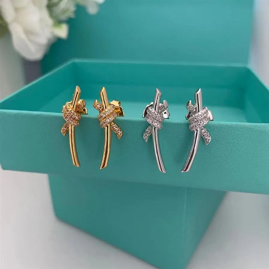 S925 STERLING Gümüş Güzel Bowknot Designer Stud Küpe Kadınlar Parlayan Kristal Tatlı Aşk Düğüm Küpe Küpe Kulak Yüzük Lüks230b