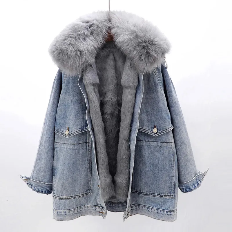 Amovible véritable col de fourrure doublure de lapin veste en jean femmes hiver lâche épais chaud jean vestes Parka vêtements de dessus pour femmes 231220