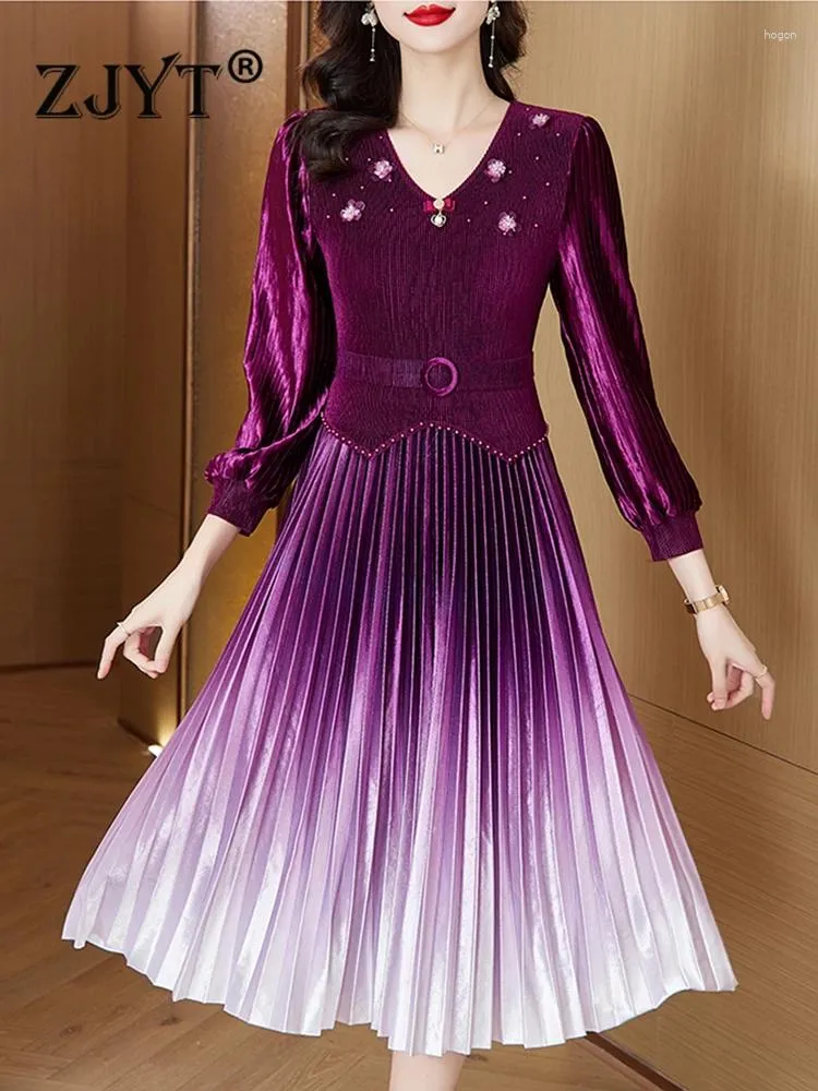 Casual Dresses Zjyt Autumn Velvet Patchwork Pleated for Women 2023 Elegant Gradient Vestidos Long Sleeve Party Robe Femme Purple