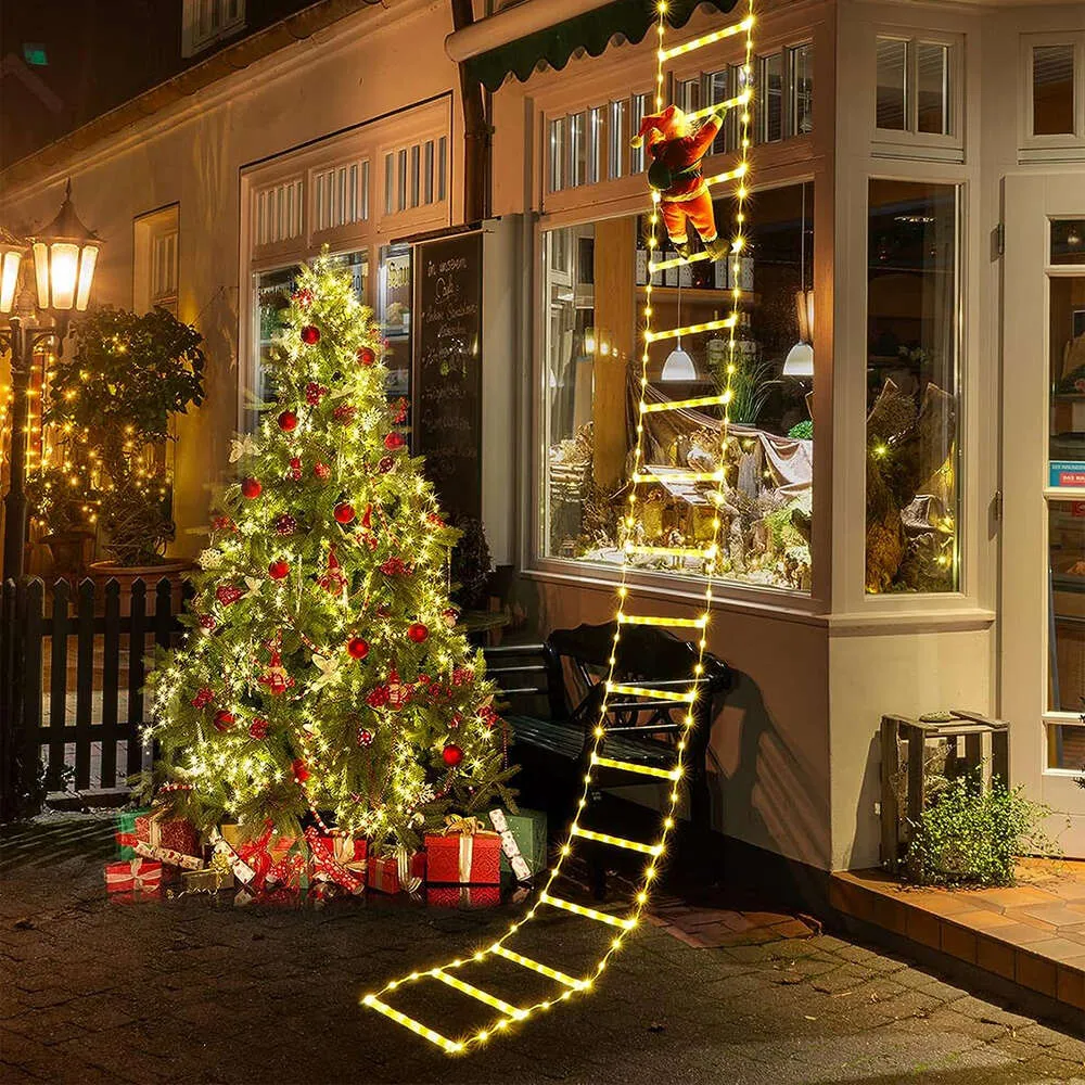 Mise à niveau des cordes lumineuses LED du père Noël, escalade de l'échelle, pendentif mural de fenêtre de noël, ornements de fête d'arbre de noël, décor de cour extérieure