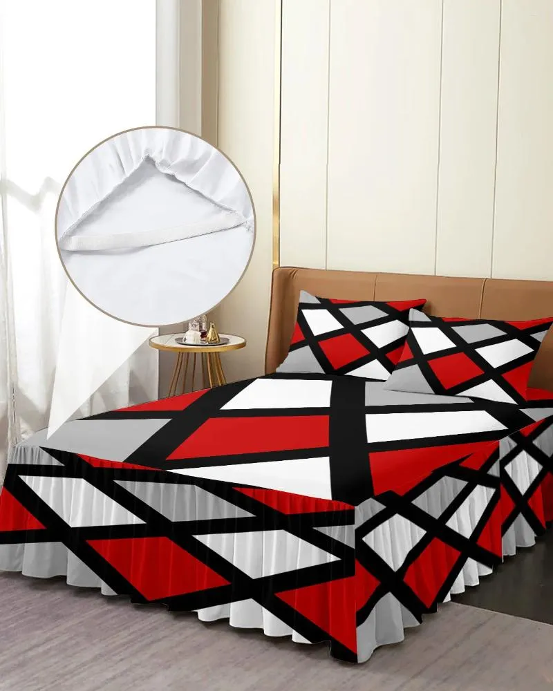 Bedrok Rood Zwart Grijs Geometrisch Vierkant Elastisch Hoeslaken Met Kussenslopen Matrashoes Beddengoed Set Laken