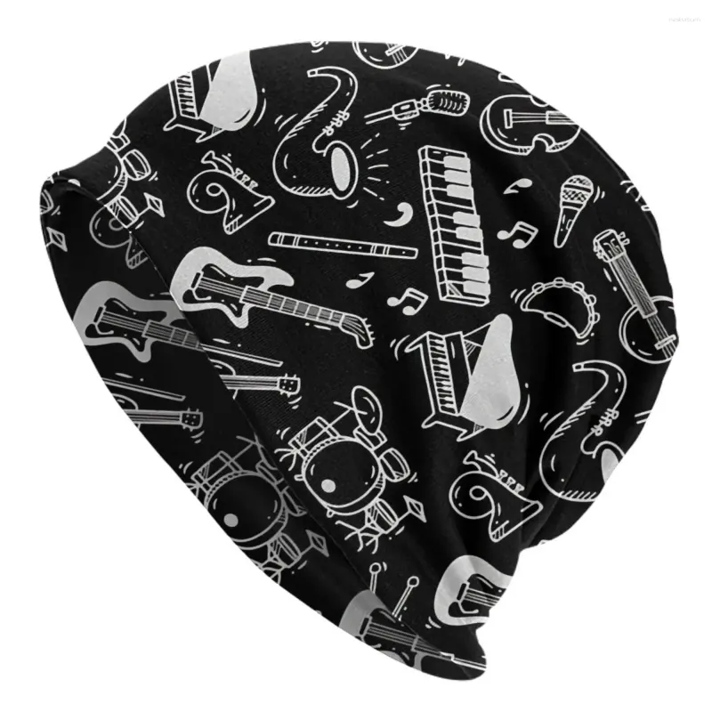 Berets Music Modèle Art Skullies Bons de bonnet Instruments en noir et blanc