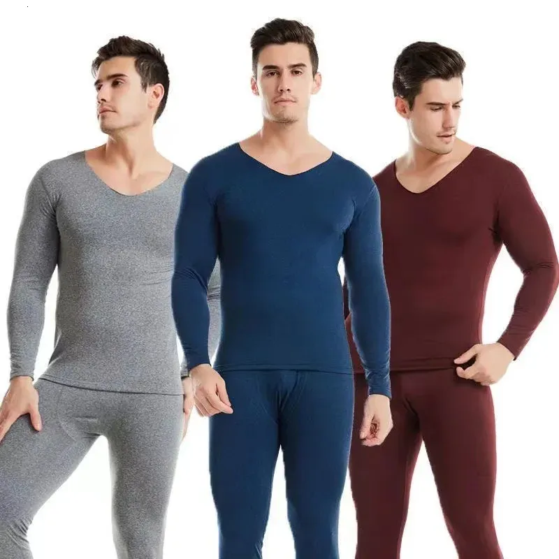 Mens V neck Thermal Underwear Set Long Johns Men Autumn Winter Shirt and Pants 2 Piece Male Clothing 231220