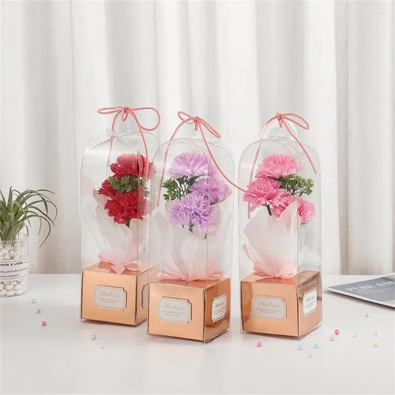 Flores decorativas 3 cabeças sabonete rosa buquê com caixa de presente de flor de pvc artificial dia dos namorados para professor amigo