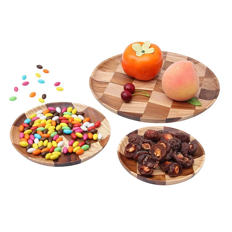 Round Solid Wood Plate Whole Acacia Wood Fruit Dishes Wooden Saucer Tea Tray Dessert Dinner Breakfast Plate Tableware LX6296