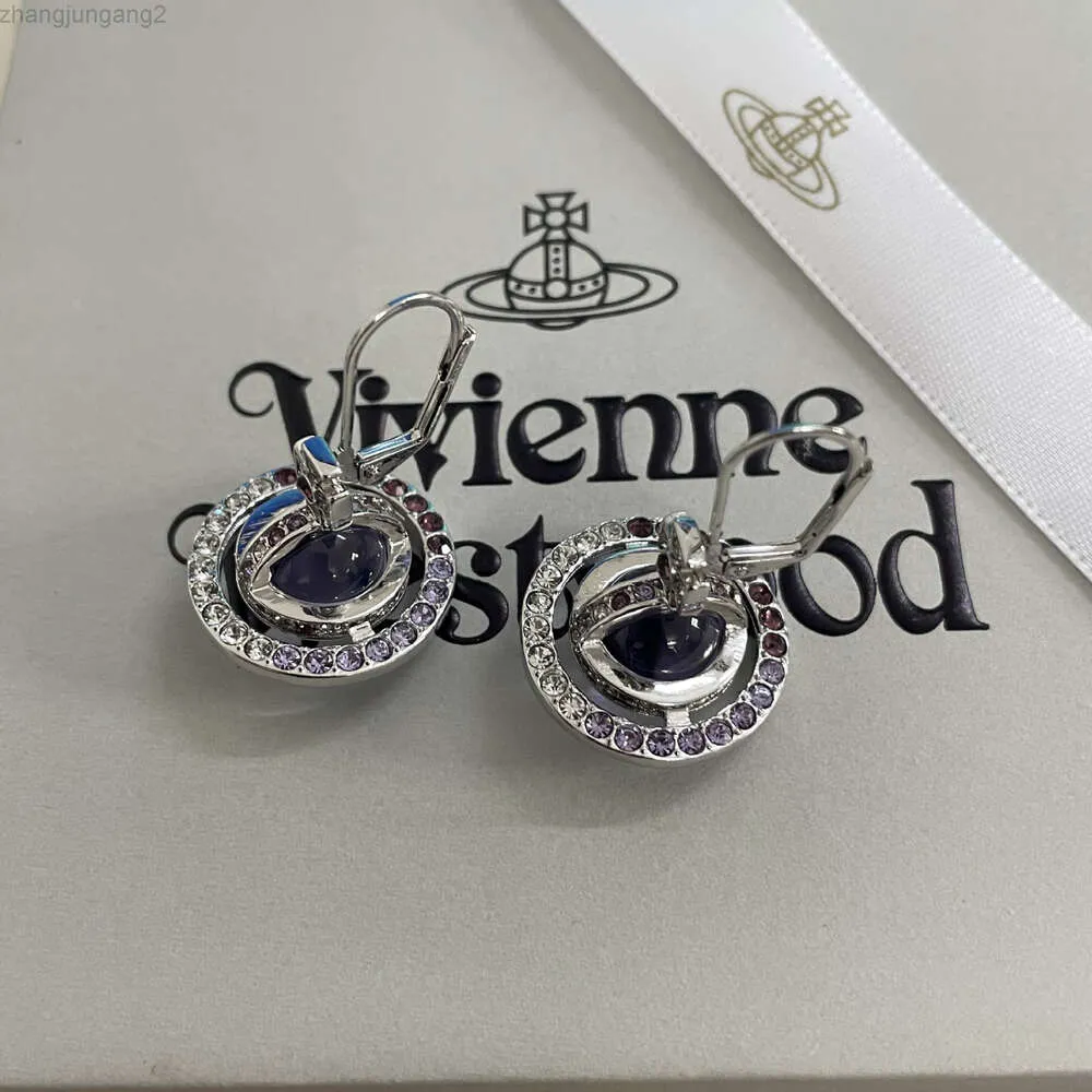 Designer Viviene Westwoods Viviennewestwood Empress Dowager Full Diamond 3d Earth Planet Earrings Female Punk Purple Planet UFO Earrings High Edition