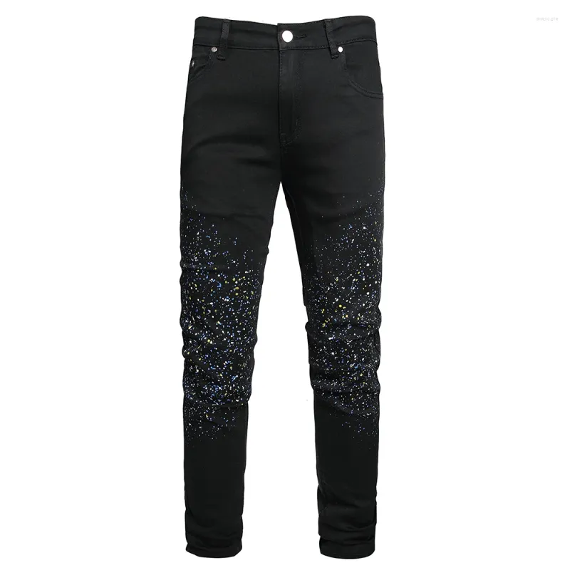 Men's Jeans Painted Black Denim Streetwear Slim Tapered Stretch Pants Trousers