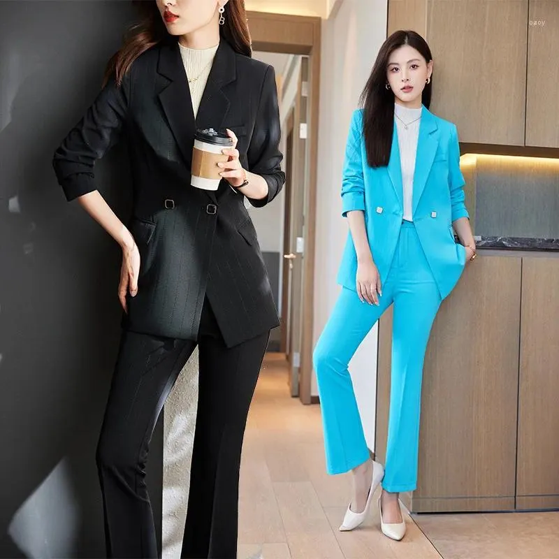 Women's Two Piece Pants Striped Suit Autumn Formal Wear Fashion Temperament Leisure Plus Size Professional Tailored Coat Overalls