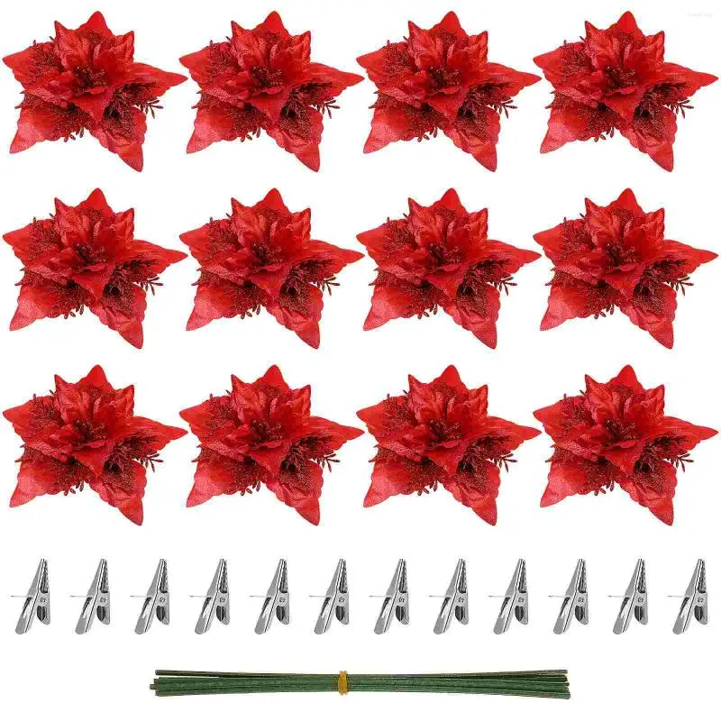 Decorative Flowers Poinsettia Christmas Glitter Artificial Clips Stems Tree Ornaments Diy Xmas