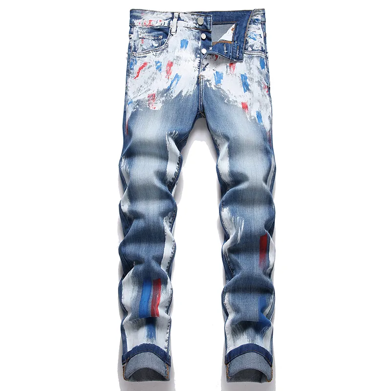 Blauwe Verf Splash Inkt Jeans Voor Heren Casual Losse Stretch Katoenen Denim Broek Lente Herfst High Street Pantalones Ropa