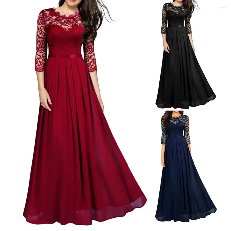 Casual Kleider Frauen Spitze Patchwork Maxi Lange Abendkleid Einfarbig Hohe Taille Hochzeit Party Damen Kleidung