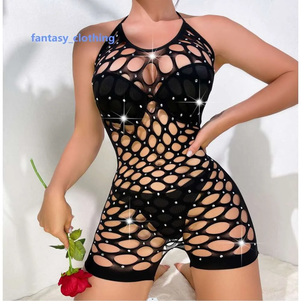 Hot bodystocking a rete Pantaloncini sexy scavati in un pezzo unico in maglia club con diamanti caldi e divertente lingerie in strass