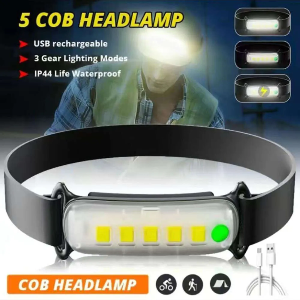 Nuovi fari Lampada frontale a LED COB luminosa Torcia ricaricabile USB montata sulla testa per passeggiate all'aperto Escursionismo Ciclismo Corsa Faro da pesca