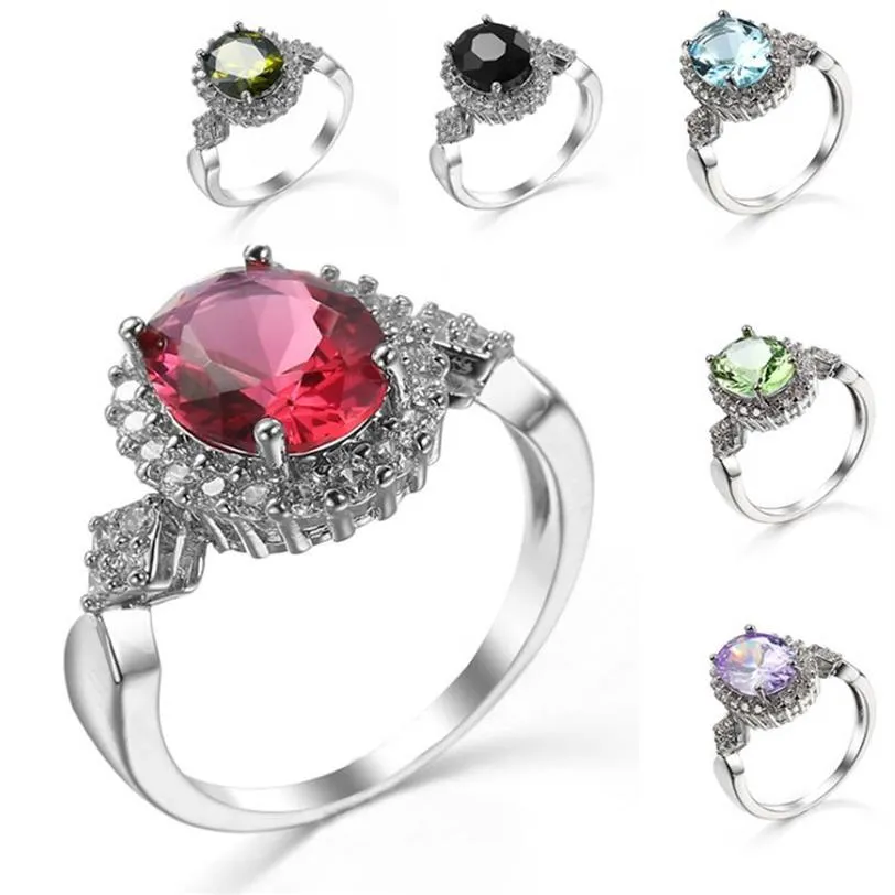 10 pièces Lot cadeau de vacances bague ovale 6 couleurs fiançailles cubique zircone mode bijoux anneaux argent pour femmes mariages Ring235Y