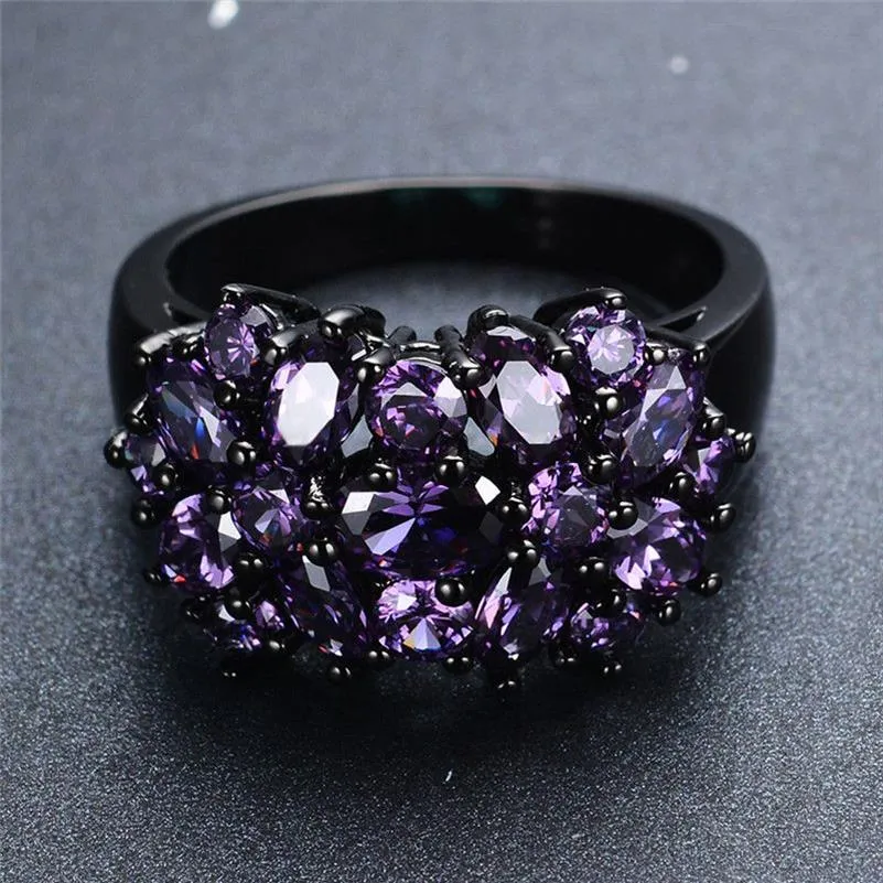 Маленькие овальные кольца с фиолетовым кристаллом и цирконием в виде звезды и цветка для женщин и мужчин, винтажное кольцо из черного золота с разноцветным камнем, женские свадебные украшения235w