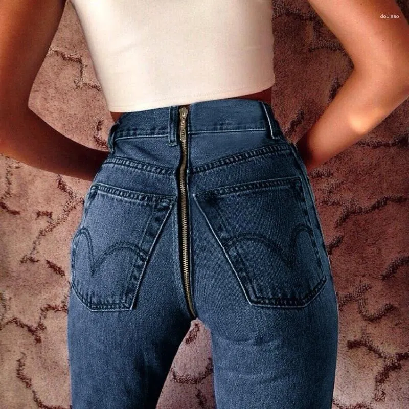 Kvinnors jeans sexiga hög midja baksida blixtlås mager all-match mode streetwear casual denim kvinna byxor penna byxor kläder