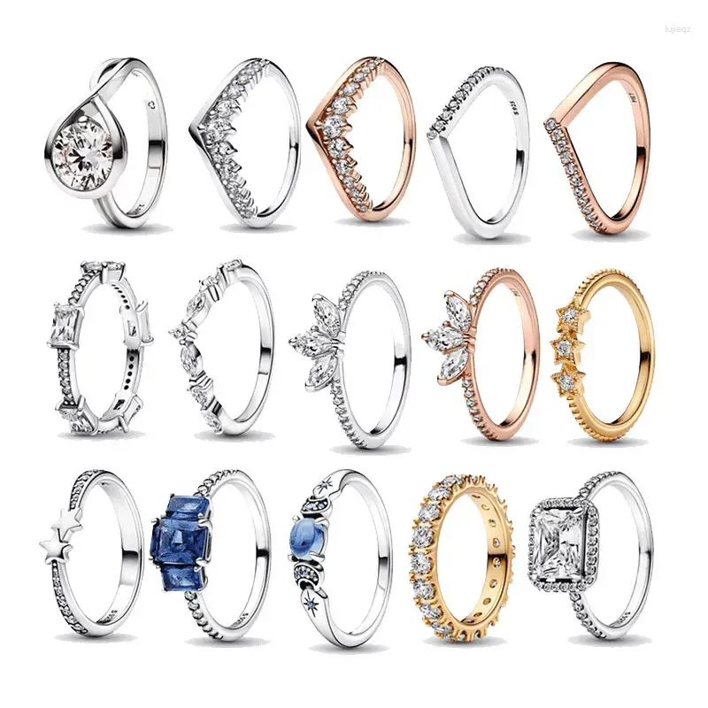 Anillos de racimo Pan Estrellas fugaces Princesa Espumoso Anillo de deseo atemporal para mujeres Azul rectangular Tres piedras Boda Regalo del día de San Valentín