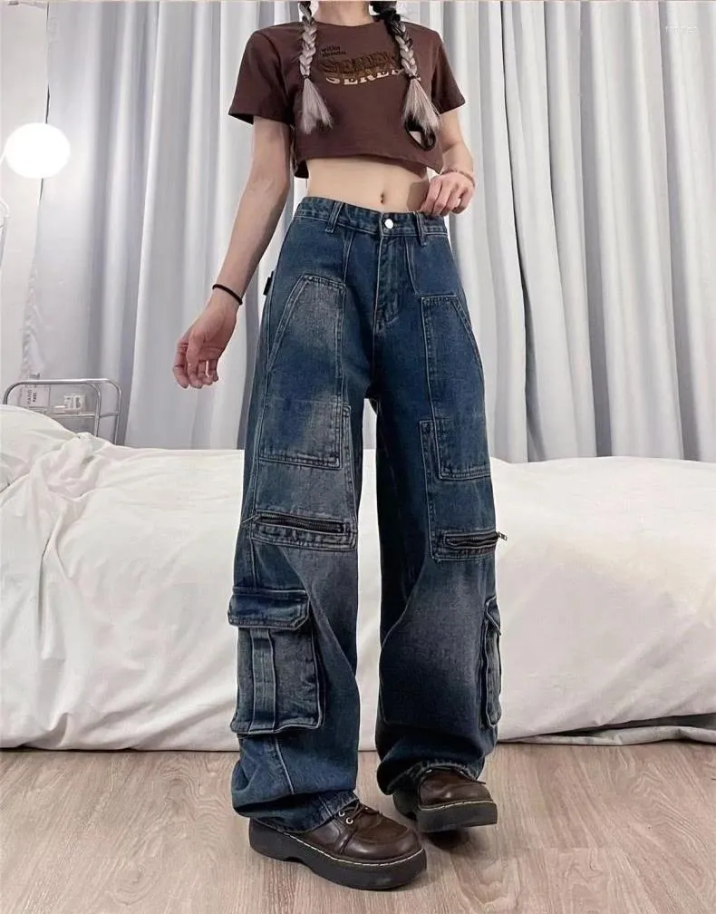 Women's Jeans Vintage Baggy Straight Leg Cargo Pants Multi Pocket Wide Trousers High Street Distressed Slacks American Style