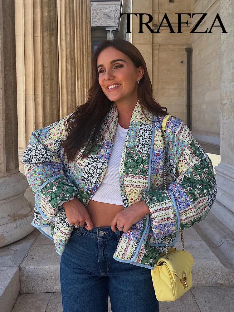 TRAFZA Women Fashion Vintage Pint Cotton Coat Patchwork O Neck